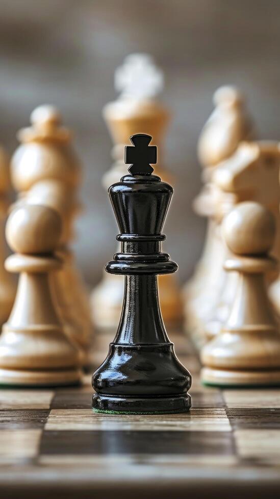 ai genererad en ensam svart kung pantsätta placerad i de Centrum omgiven förbi vit schack bitar foto