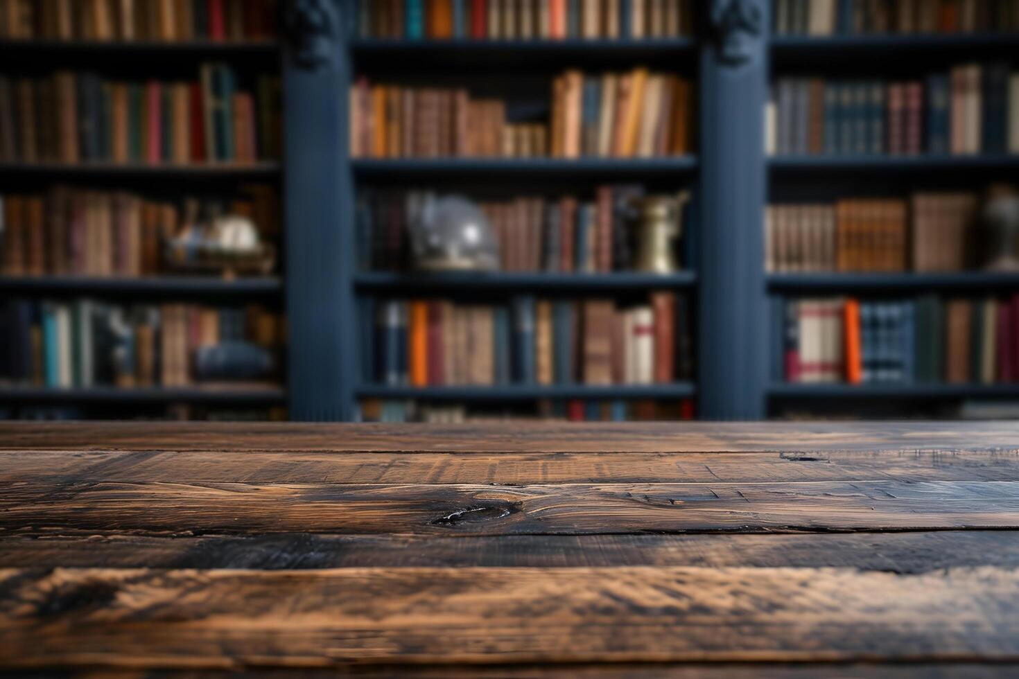 ai genererad tömma trä tabell med suddig bibliotek bokhyllor bakgrund foto