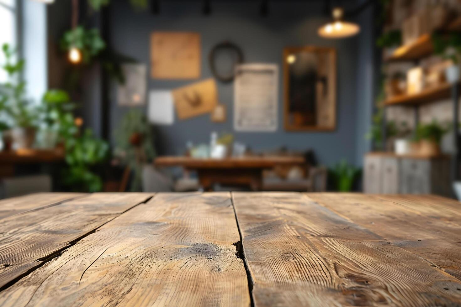 ai genererad rustik tömma trä- tabell och suddig kaffe affär bakgrund foto