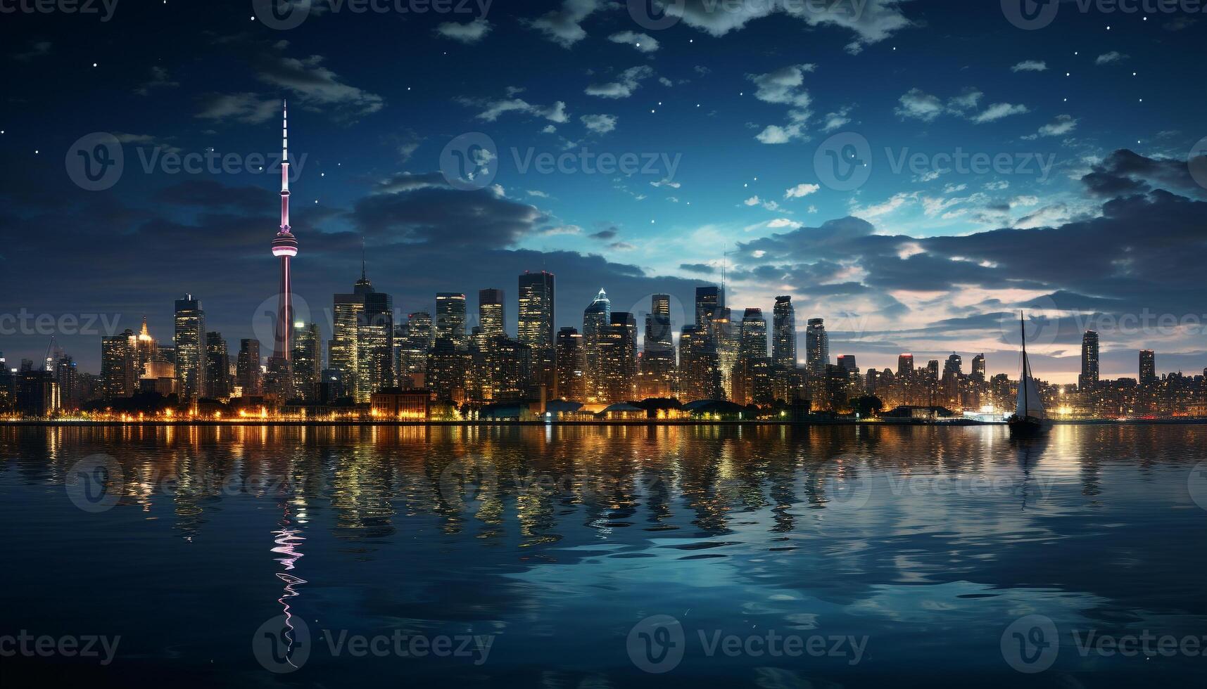 ai genererad stadsbild på skymning, skyskrapor reflekterande i vid vatten genererad förbi ai foto