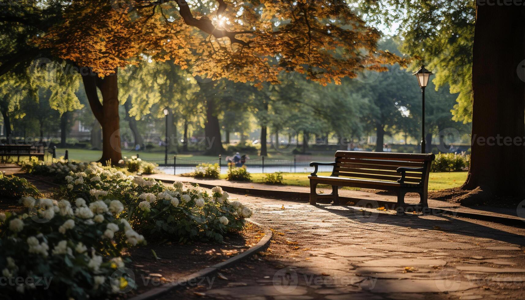 ai genererad höst träd, blad, bänk, solljus, skog, gångstig genererad förbi ai foto