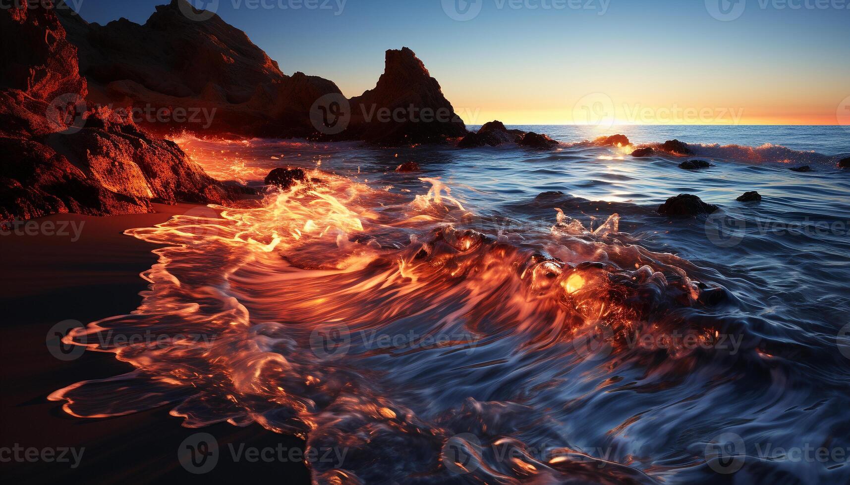 ai genererad solnedgång över vatten, vågor krascha på klippig kustlinje genererad förbi ai foto