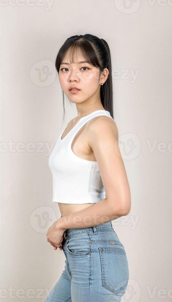 ai genererad Foto av skön ung asiatisk kvinna med beskära vit topp och jeans stående på vit bakgrund, generativ ai