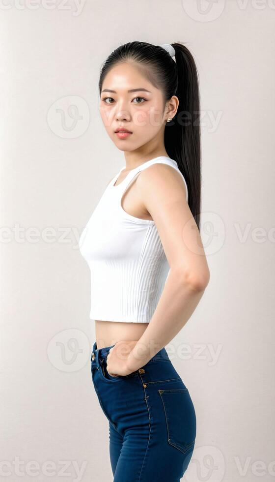 ai genererad Foto av skön ung asiatisk kvinna med beskära vit topp och jeans stående på vit bakgrund, generativ ai