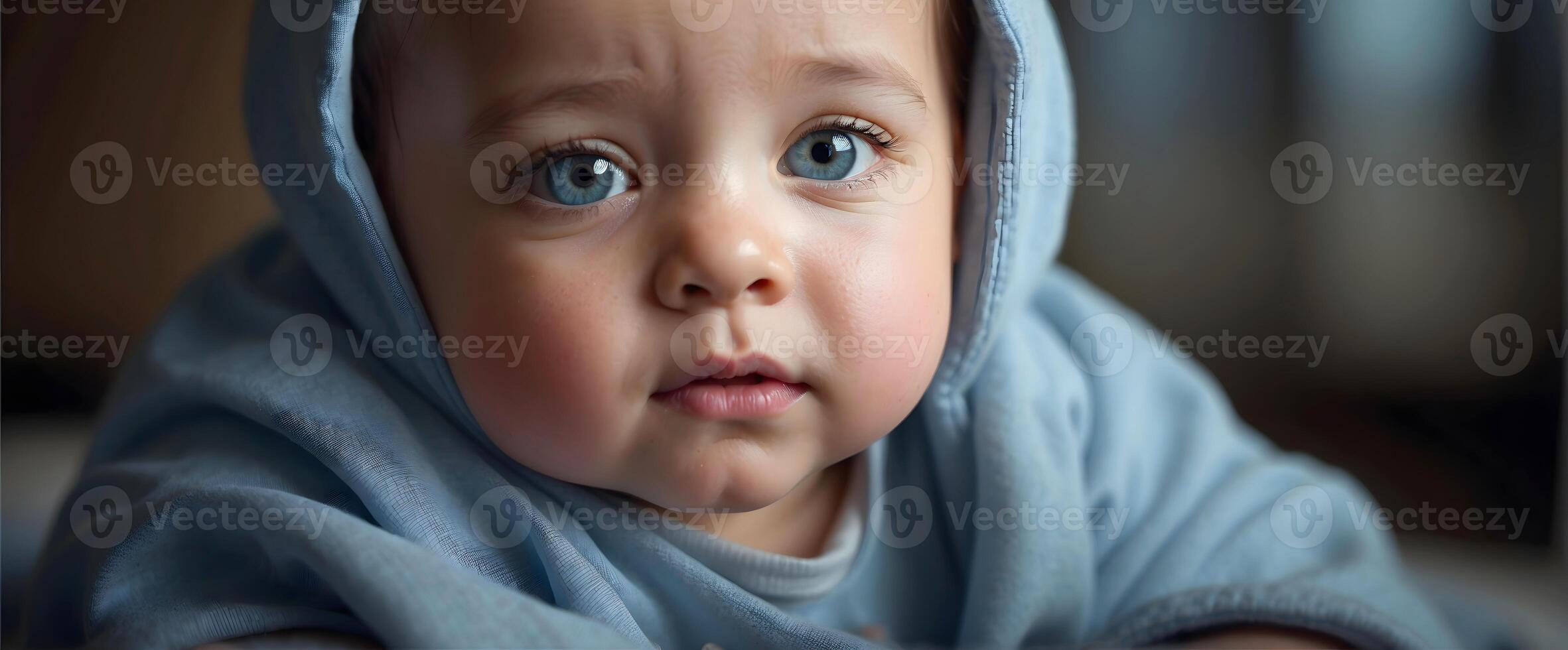 ai genererad söt liten ny född bebis pojke blå ögon porträtt bakgrund, förtjusande småbarn, tapet, foto
