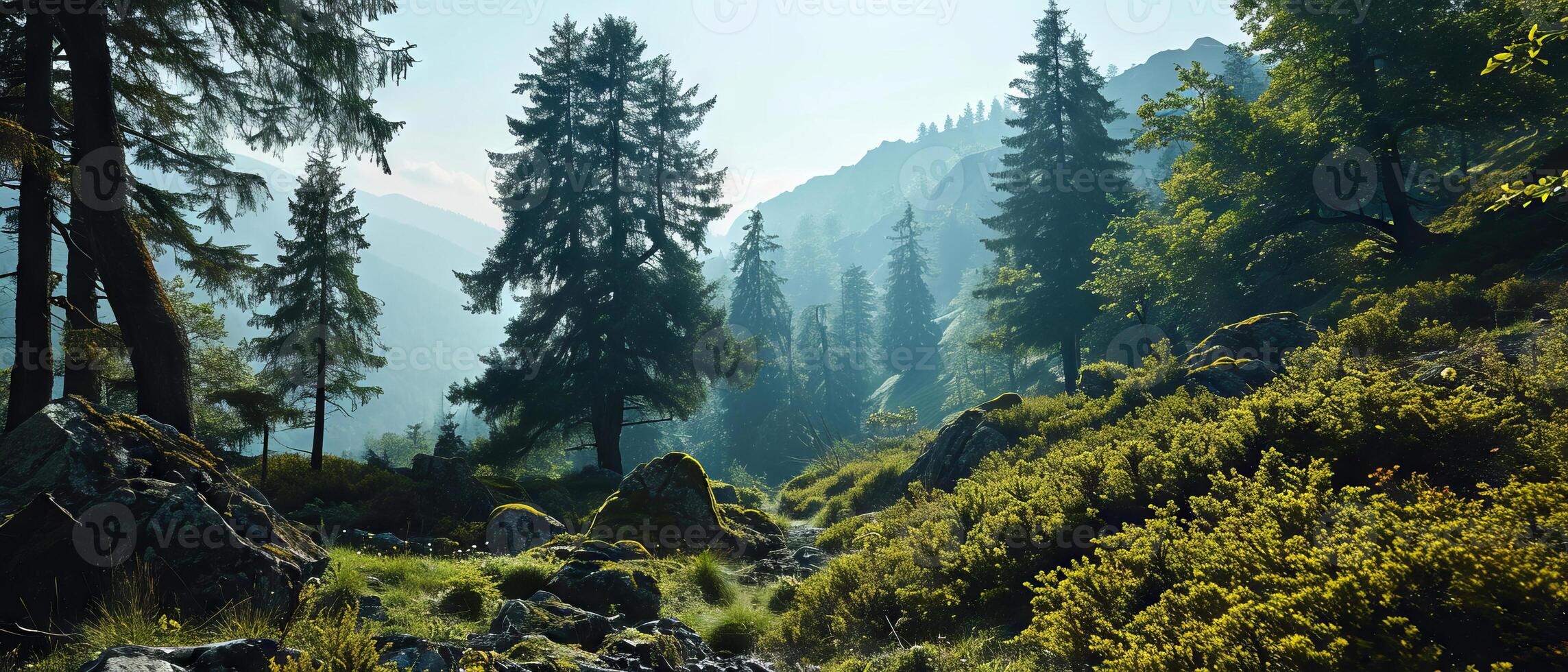 ai genererad solljus badar en skog spår med berg toppar ovan foto