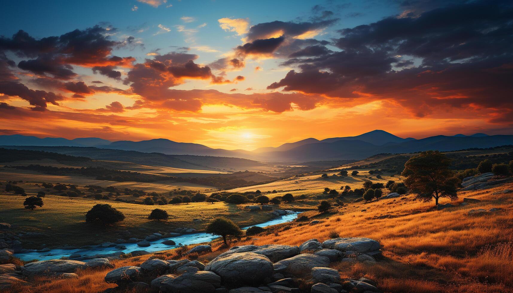 ai genererad lugn solnedgång över berg räckvidd, natur skönhet genererad förbi ai foto
