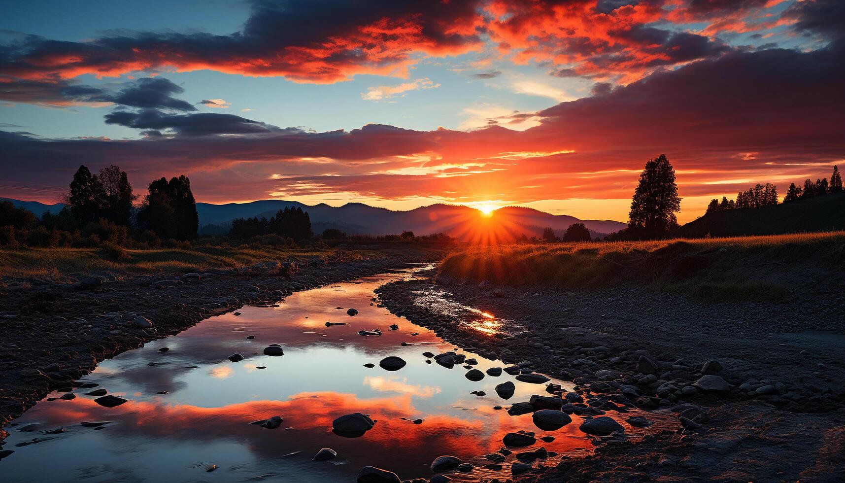 ai genererad solnedgång över berg räckvidd, natur vibrerande färgad skönhet genererad förbi ai foto