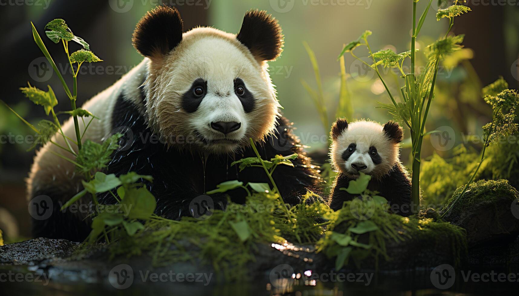 ai genererad söt panda Valp äter bambu i de skog genererad förbi ai foto