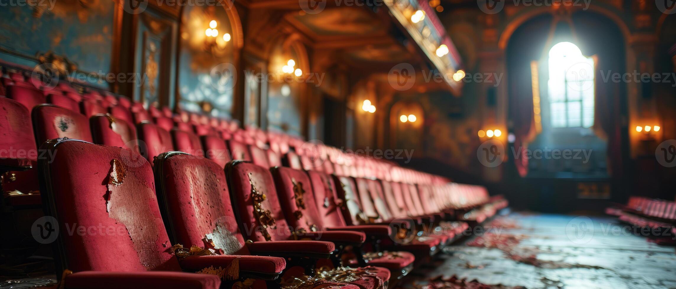 ai genererad förfallen och trasig rosa säten i ett övergiven teater sola sig i de nostalgi av över prakt foto