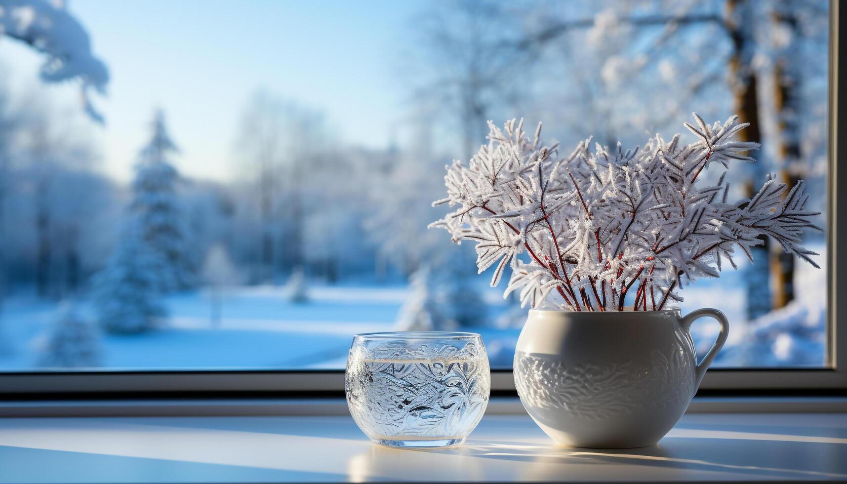 ai genererad vinter- skönhet i natur snö täckt träd, frostig fönster genererad förbi ai foto