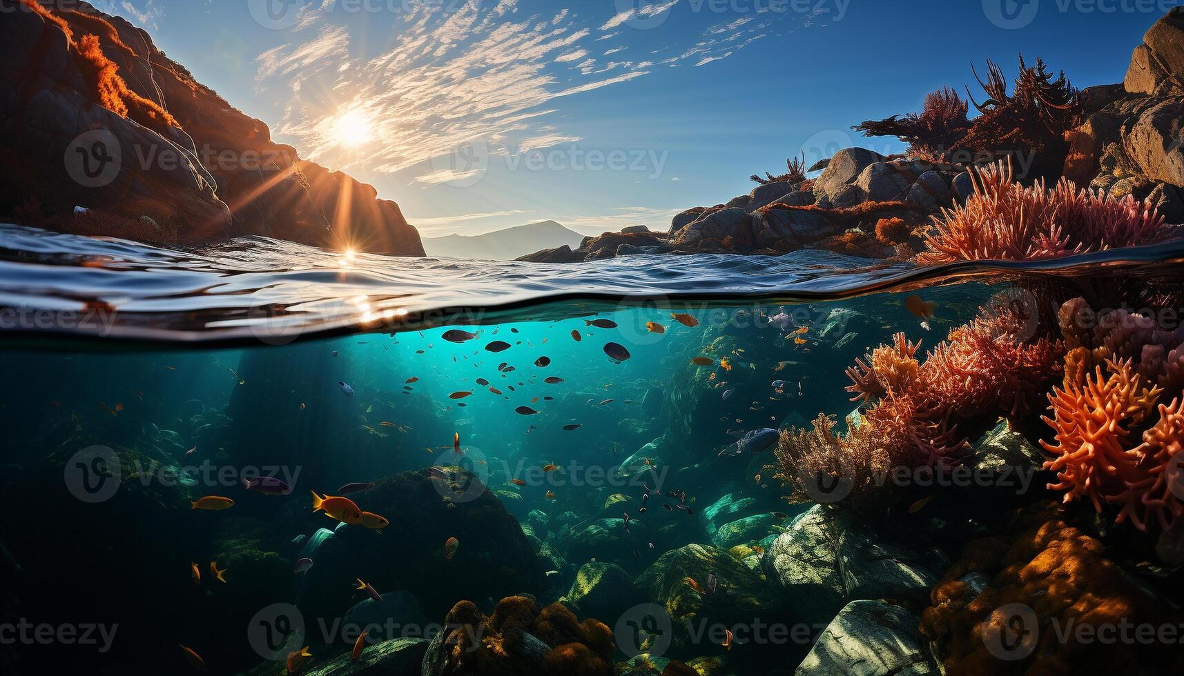 ai genererad under vattnet äventyr fisk simma i tropisk blå rev genererad förbi ai foto