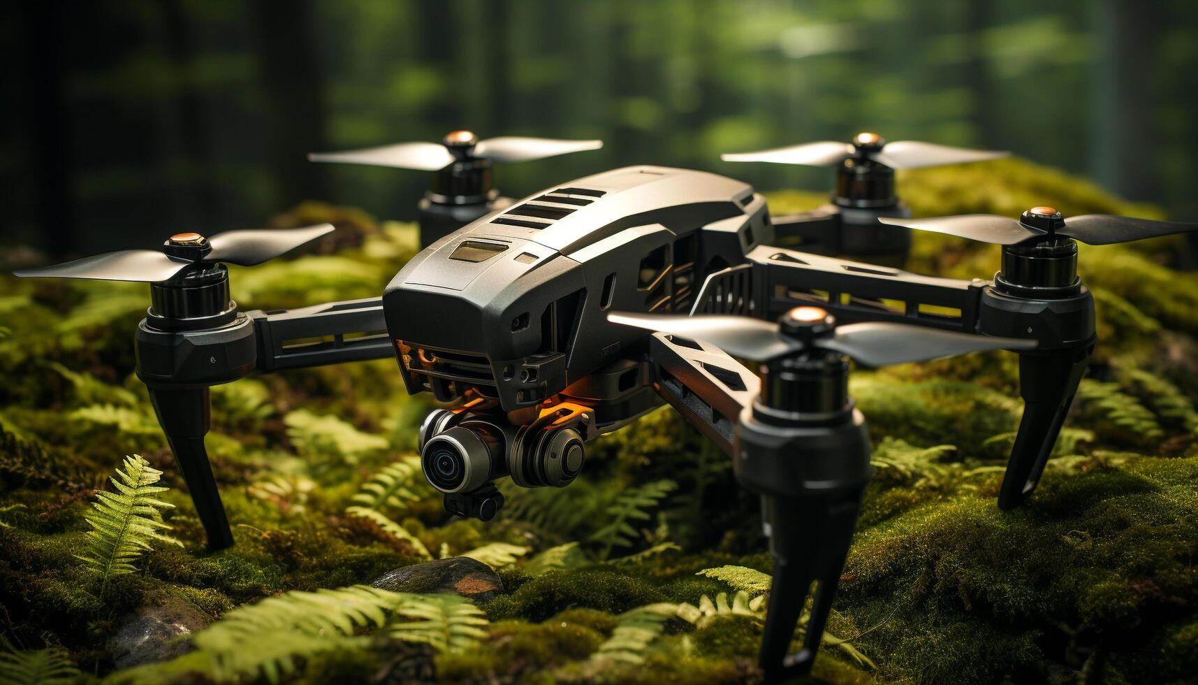 ai genererad flygande Drönare fångar natur skönhet med trådlös kamera genererad förbi ai foto