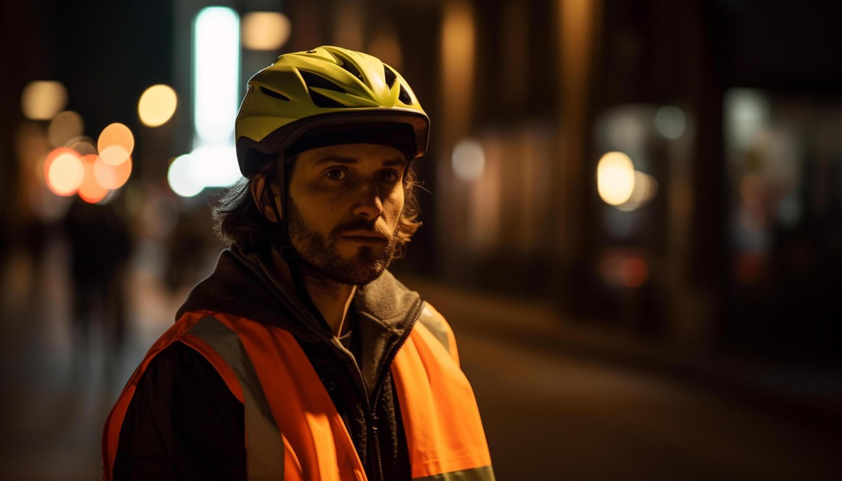 ai genererad en ung vuxen man cykling i de stad på natt genererad förbi ai foto