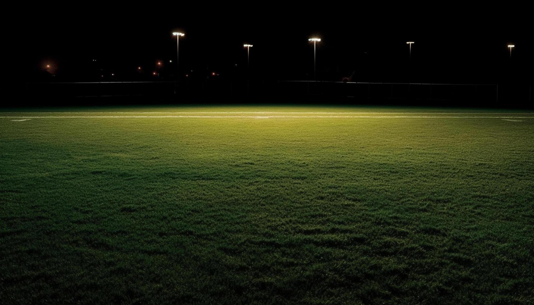ai genererad ljus strålkastare tänds tömma fotboll fält på en sommar natt genererad förbi ai foto