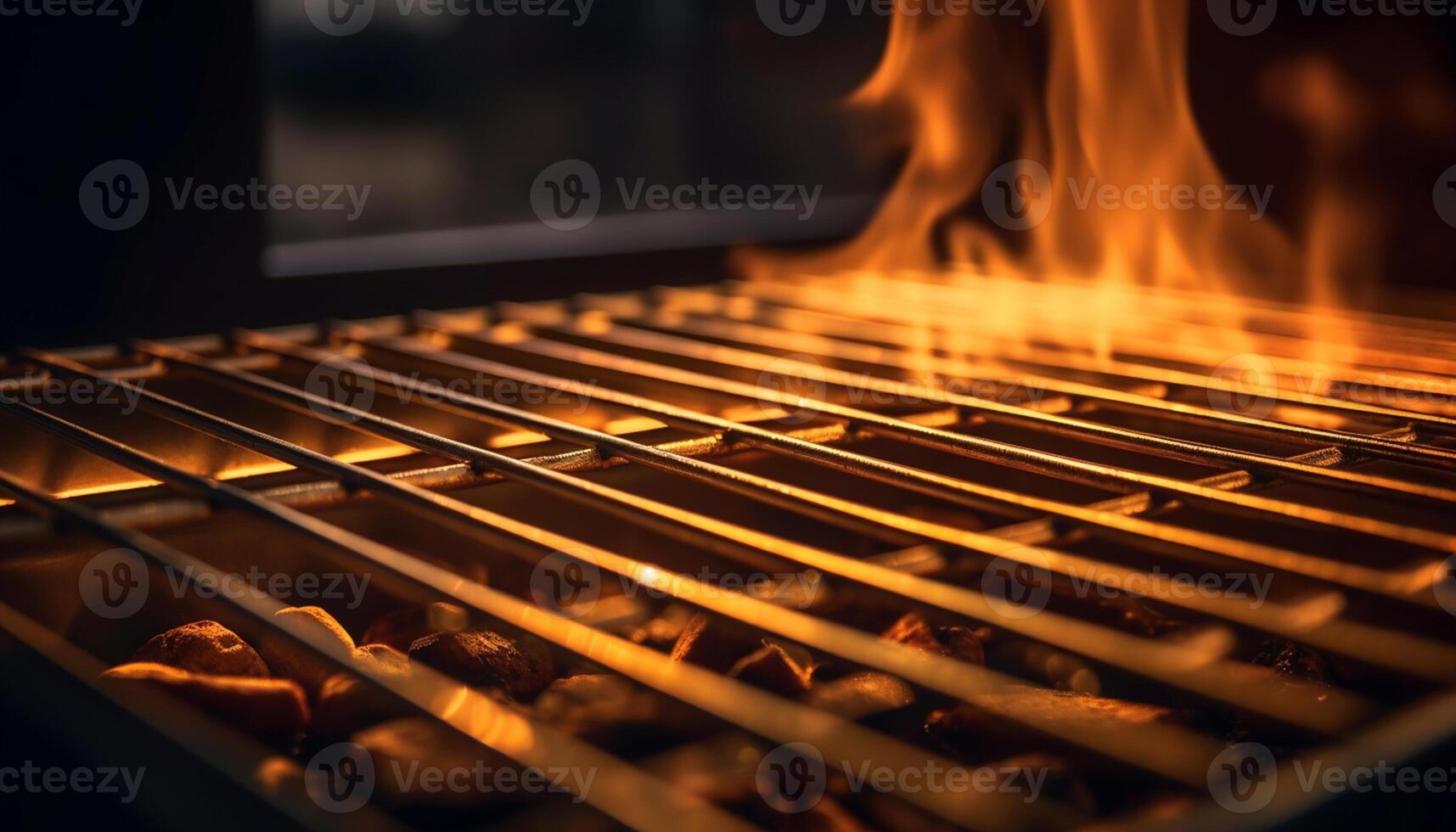ai genererad flamma brinnande på grill, värme tändande trä, framställning grillad måltid genererad förbi ai foto