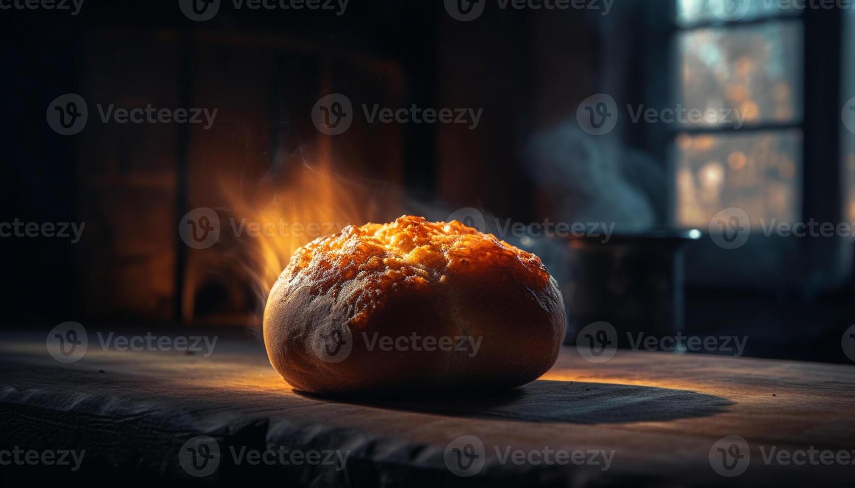 ai genererad nyligen bakad bröd på en trä- tabell, en utsökt hemlagad måltid genererad förbi ai foto