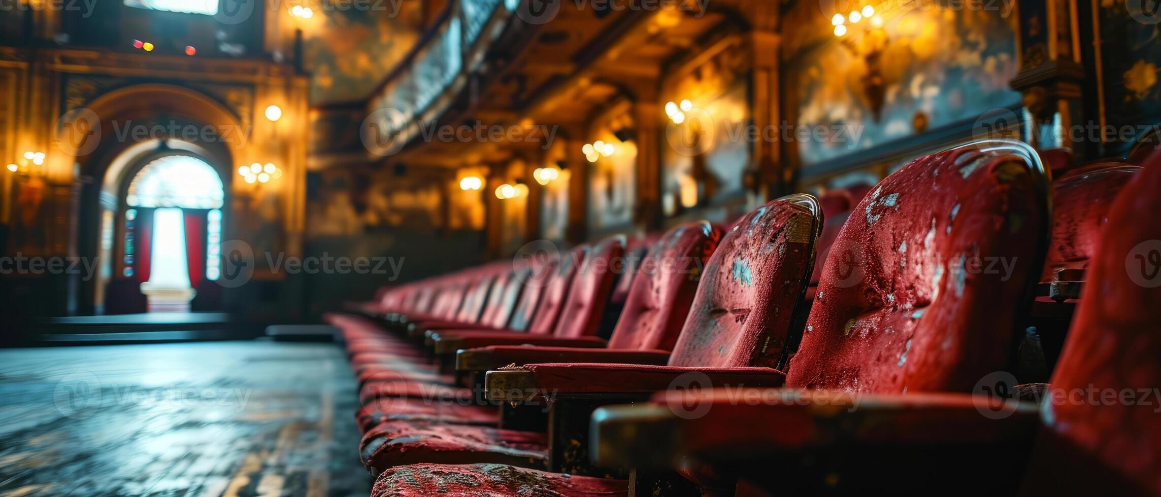 ai genererad förfallen och trasig rosa säten i ett övergiven teater sola sig i de nostalgi av över prakt foto