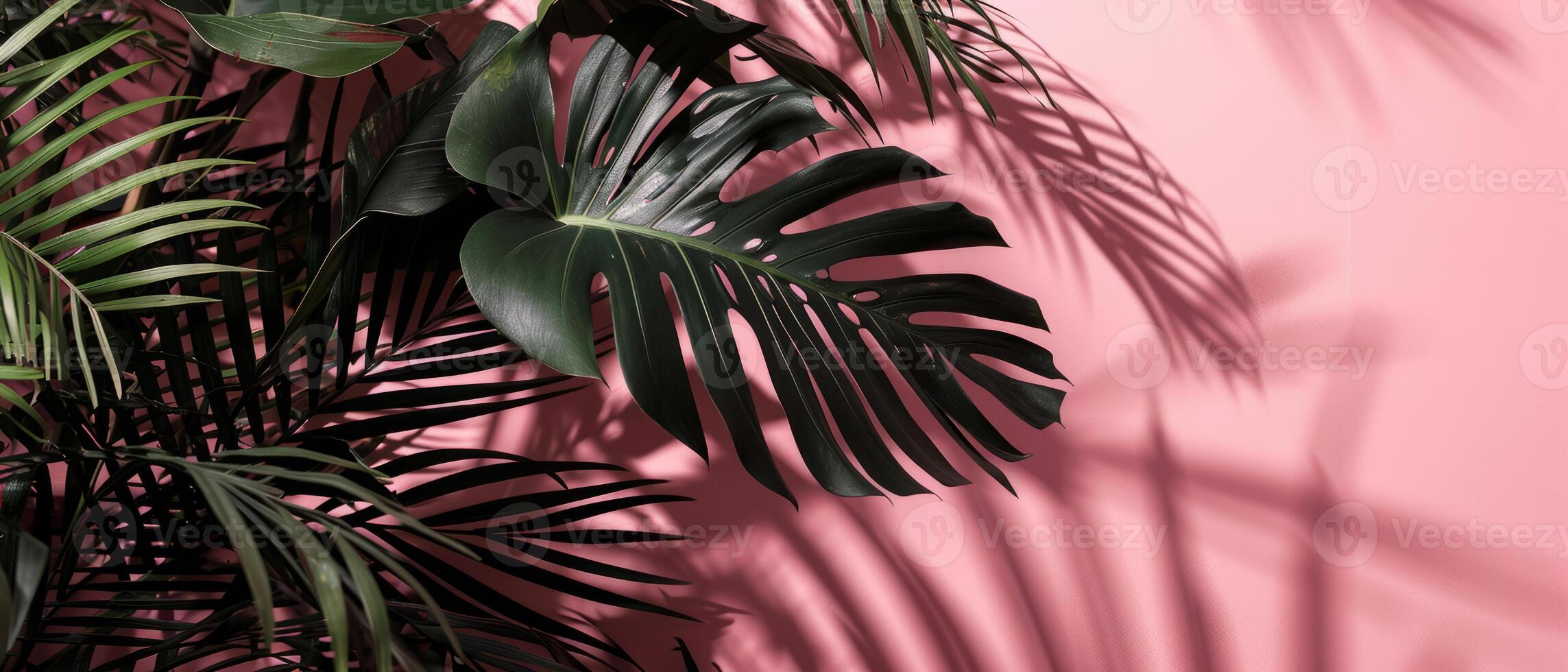 ai genererad frodig grön tropisk löv gjutning skuggor på en rosa bakgrund, visa upp naturlig mönster foto