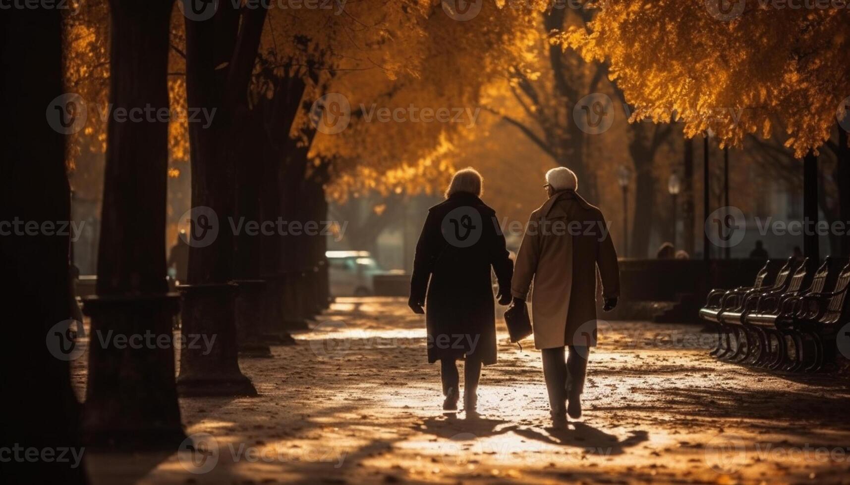 ai genererad en par gående, omfamnar, leende, innehav händer, njuter höst natur genererad förbi ai foto