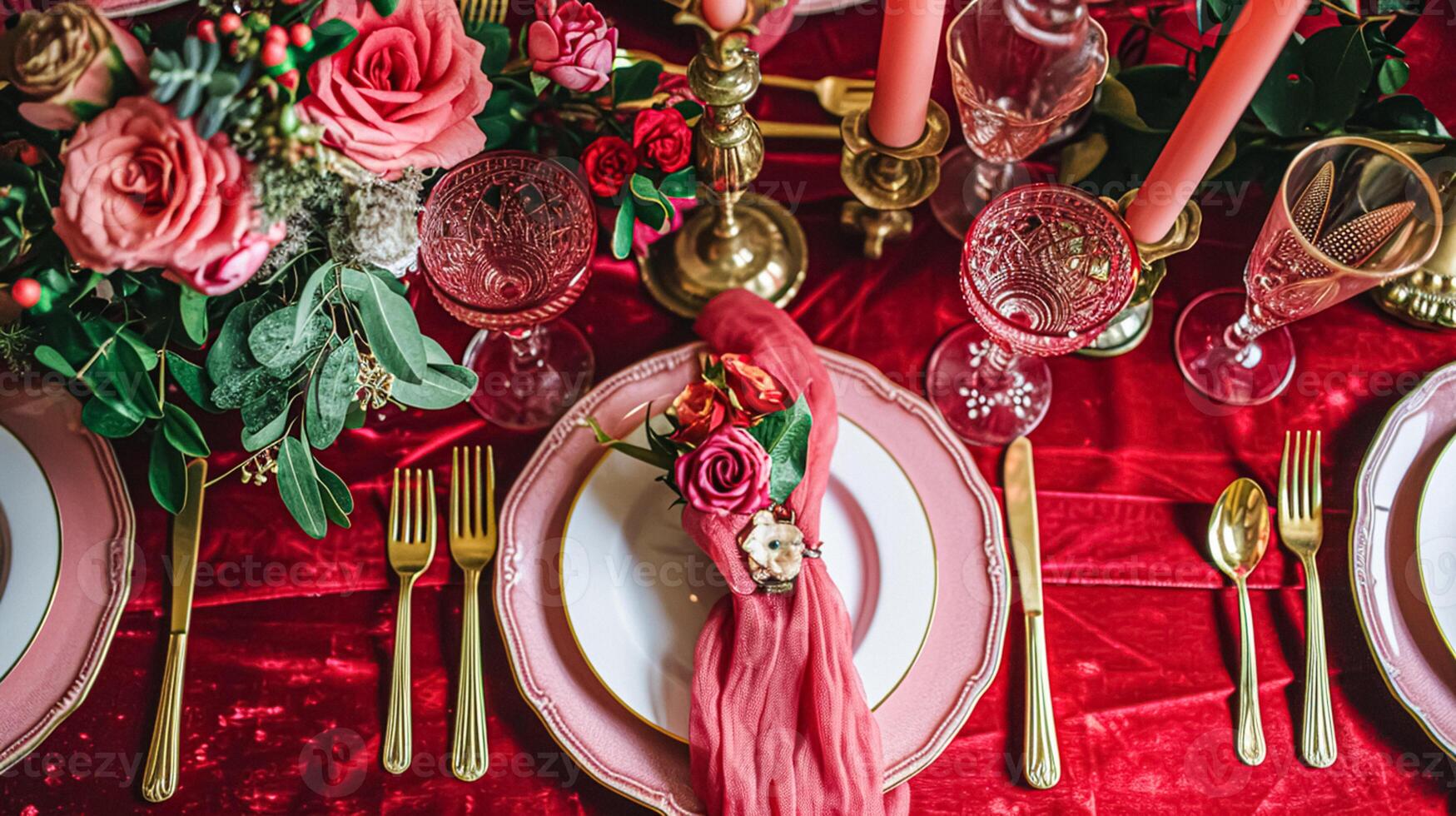 ai genererad valentines dag bordsbild och tabell dekor, romantisk tabell miljö med blommor, formell middag och datum, skön bestick och porslin foto