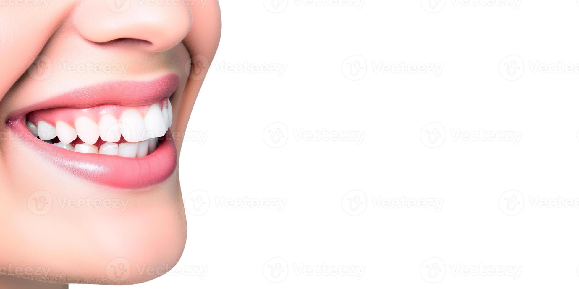 ai genererad stänga upp av skön kvinna leende med vit tänder över plan bakgrund. rubrik bild med tömma Plats för text. foto