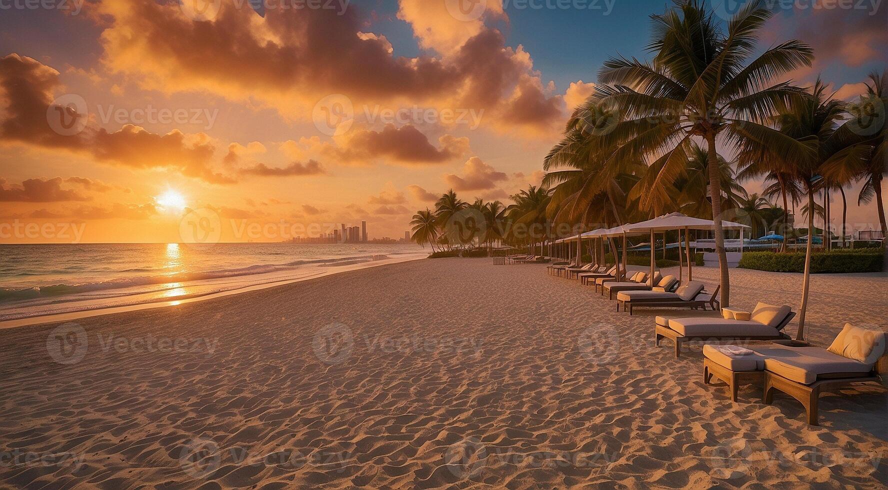 ai genererad solnedgång på de miami strand, miami strand scen, fantastisk se av de strand, solnedgång över de strand foto