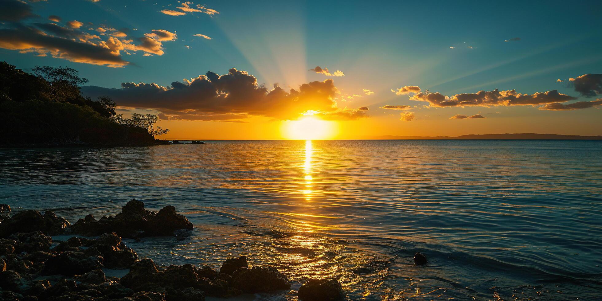 ai genererad lugna hav solnedgång landskap. lila, rosa, orange eldig gyllene timme kväll himmel i de horisont. mindfulness, meditation, stillhet, lugn, avslappning begrepp tapet bakgrund foto