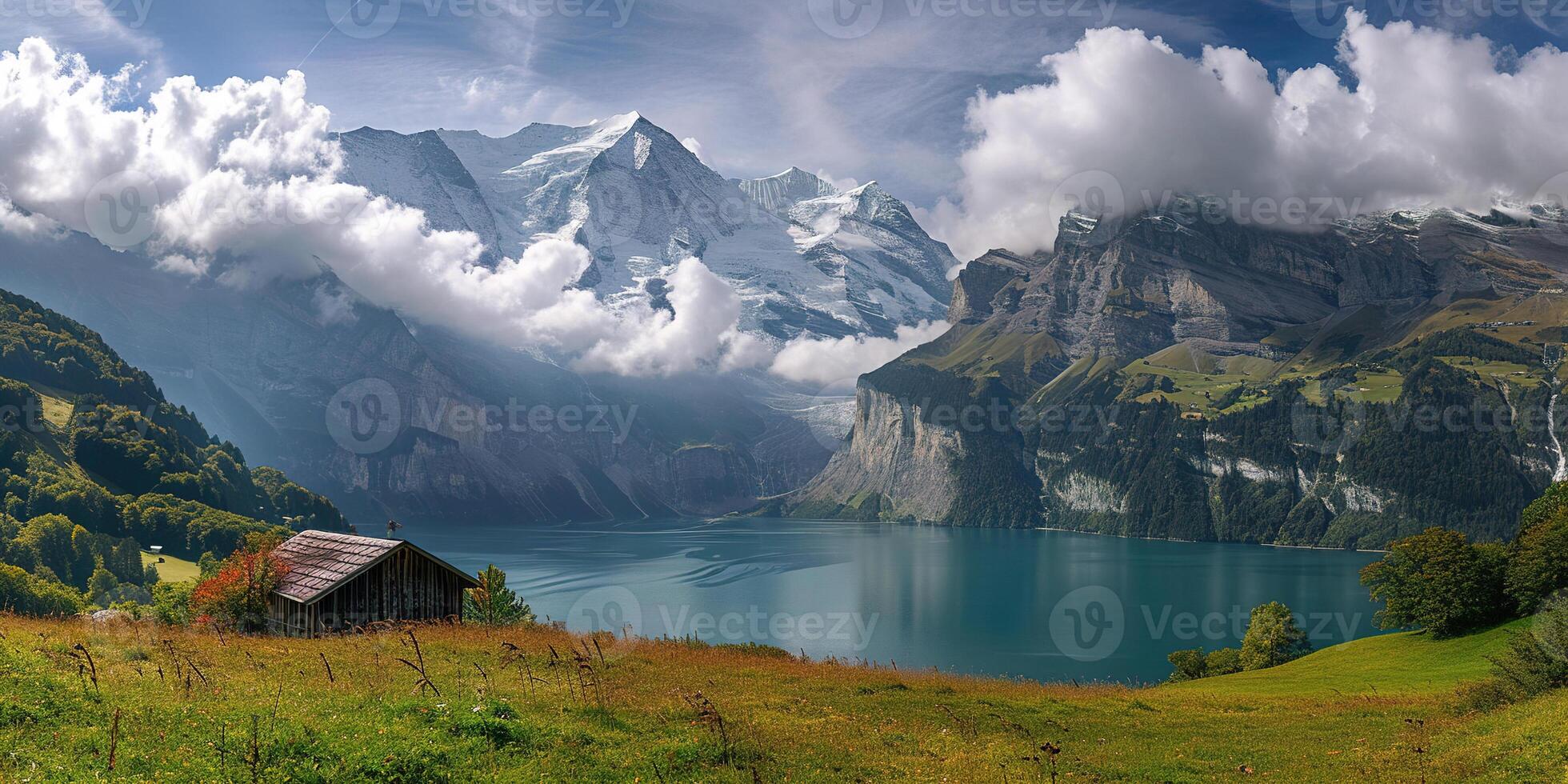 ai genererad swiss alps berg räckvidd med frodig skog dalar och ängar, landsbygden i schweiz landskap. lugn idyllisk panorama, majestätisk natur, avslappning, stillhet begrepp foto