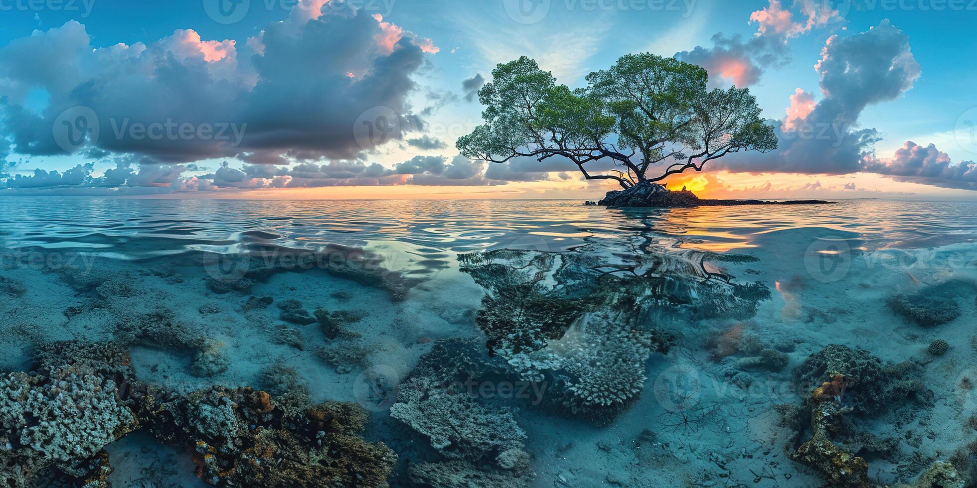 ai genererad en silhuett av en träd på ett ö strand solnedgång landskap. gyllene timme kväll himmel i de horisont. mindfulness, meditation, stillhet, lugn, avslappning begrepp bakgrund foto