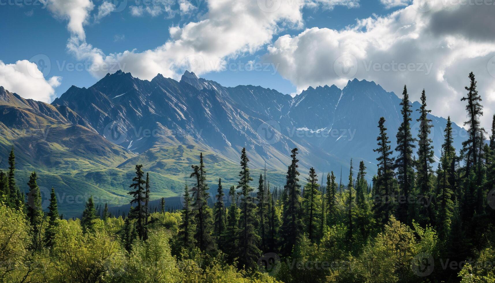 ai genererad snöig bergen av alaska, landskap med skogar, dalar, och floder i dagtid. hisnande natur sammansättning bakgrund tapet, resa destination, äventyr utomhus foto