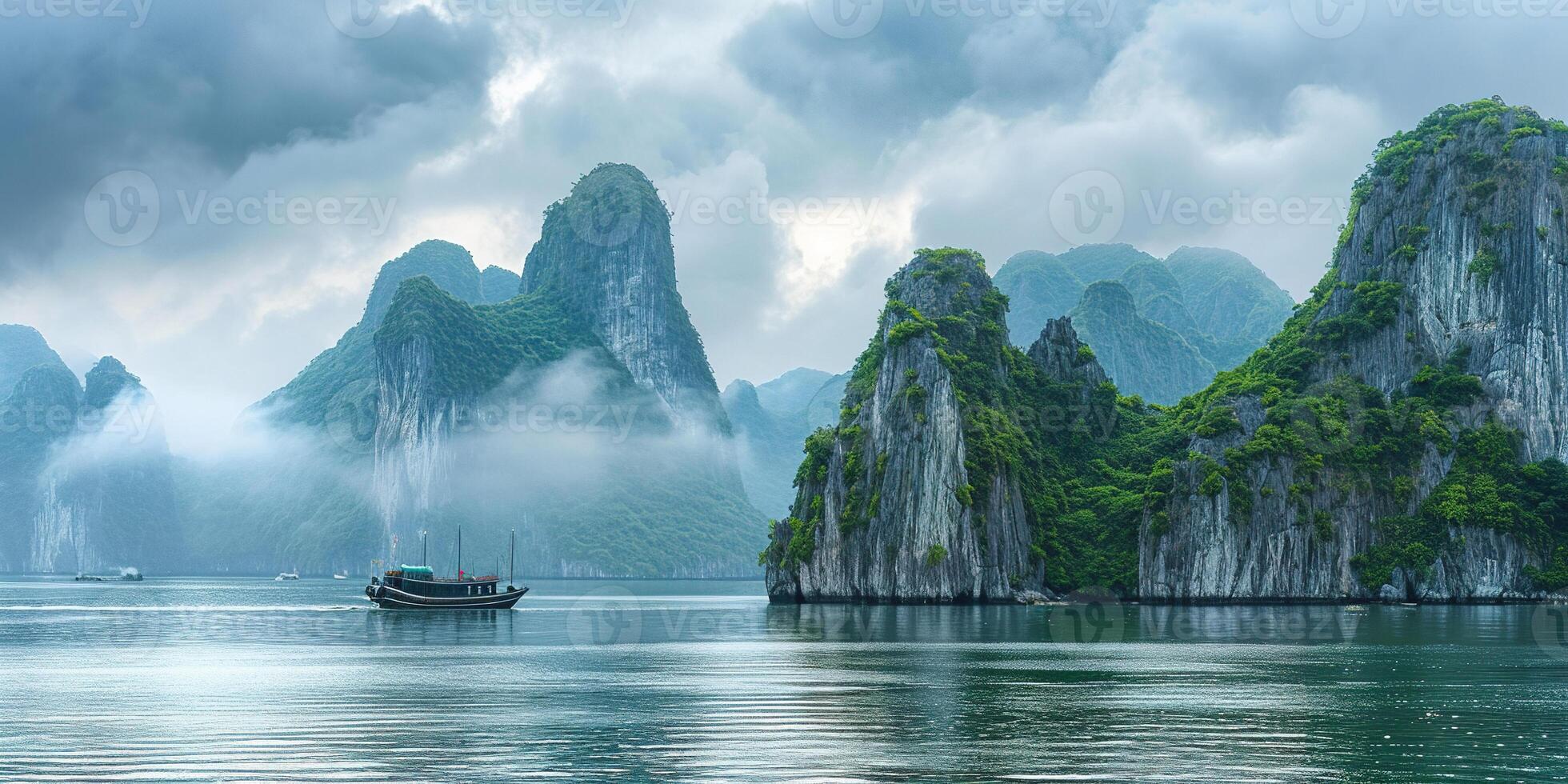 ai genererad ha lång bukt, halong bukt värld arv webbplats, kalksten öar, smaragd- vattnen med båtar i provins, vietnam. resa destination, naturlig undra landskap bakgrund tapet foto
