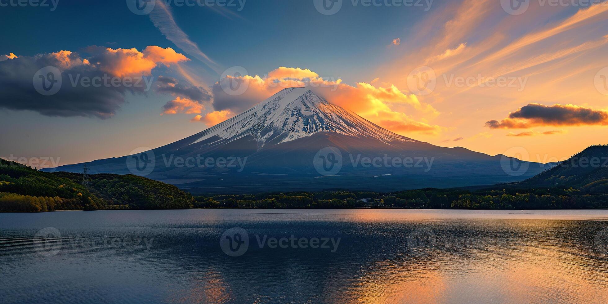 ai genererad mt. fuji, montera fuji-san högsta vulkan berg i tokyo, japan. snö capped topp, konisk helig symbol, lila, orange solnedgång natur landskap bakgrund bakgrund tapet, resa foto