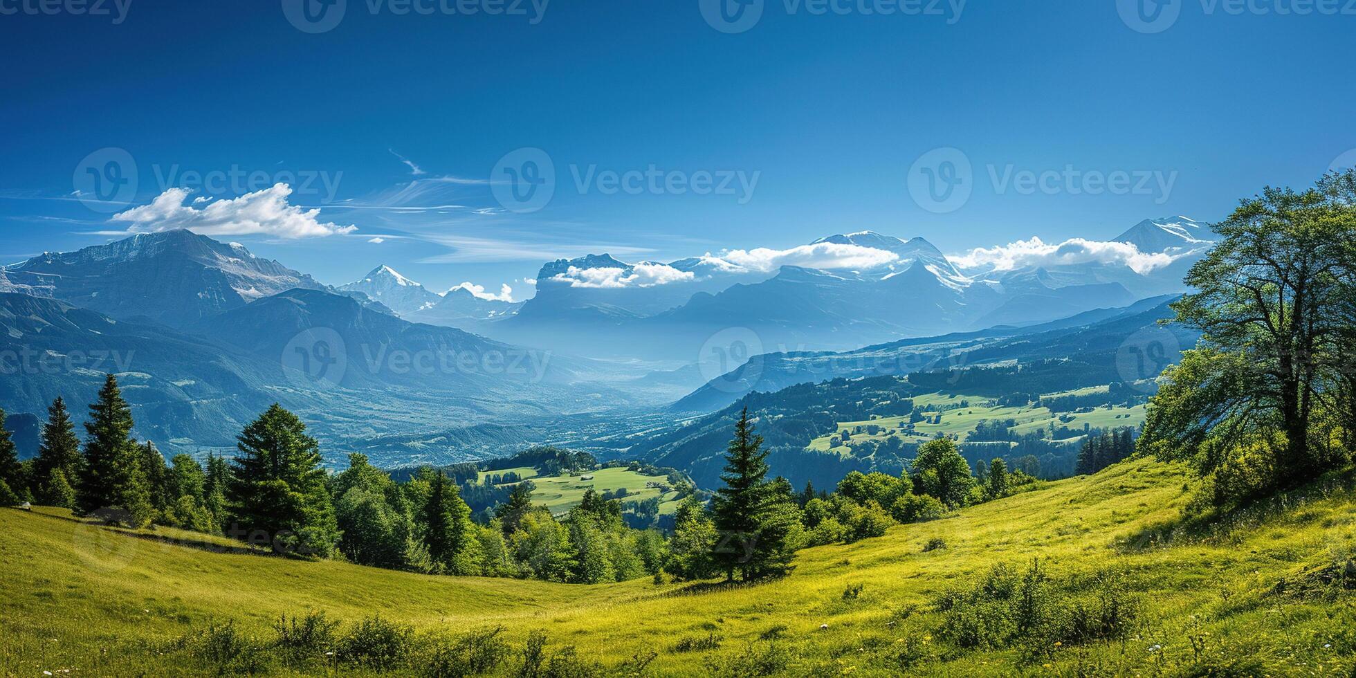 ai genererad swiss alps berg räckvidd med frodig skog dalar och ängar, landsbygden i schweiz landskap. snöig berg blast i de horisont, resa destination tapet bakgrund foto