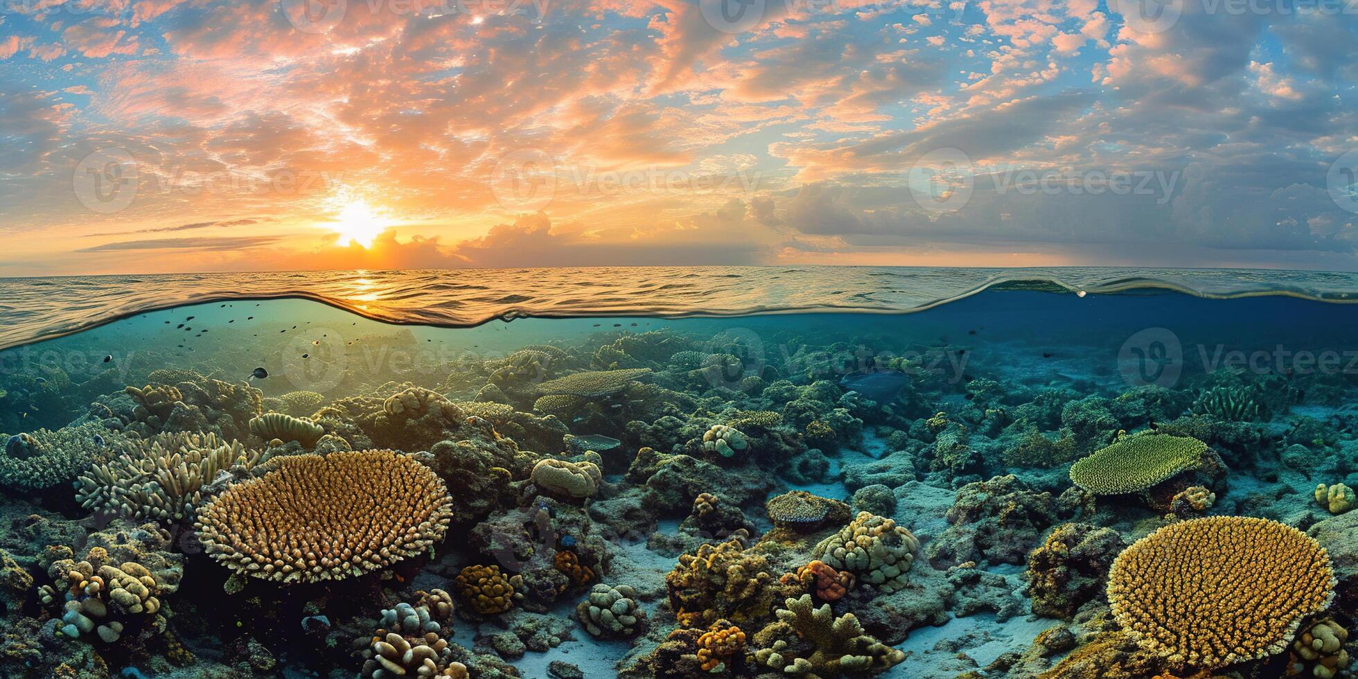 ai genererad bra barriär rev på de kust av queensland, Australien havsbild. korall marin ekosystem under vattnet dela se, gyllene timme solnedgång kväll himmel tapet bakgrund foto