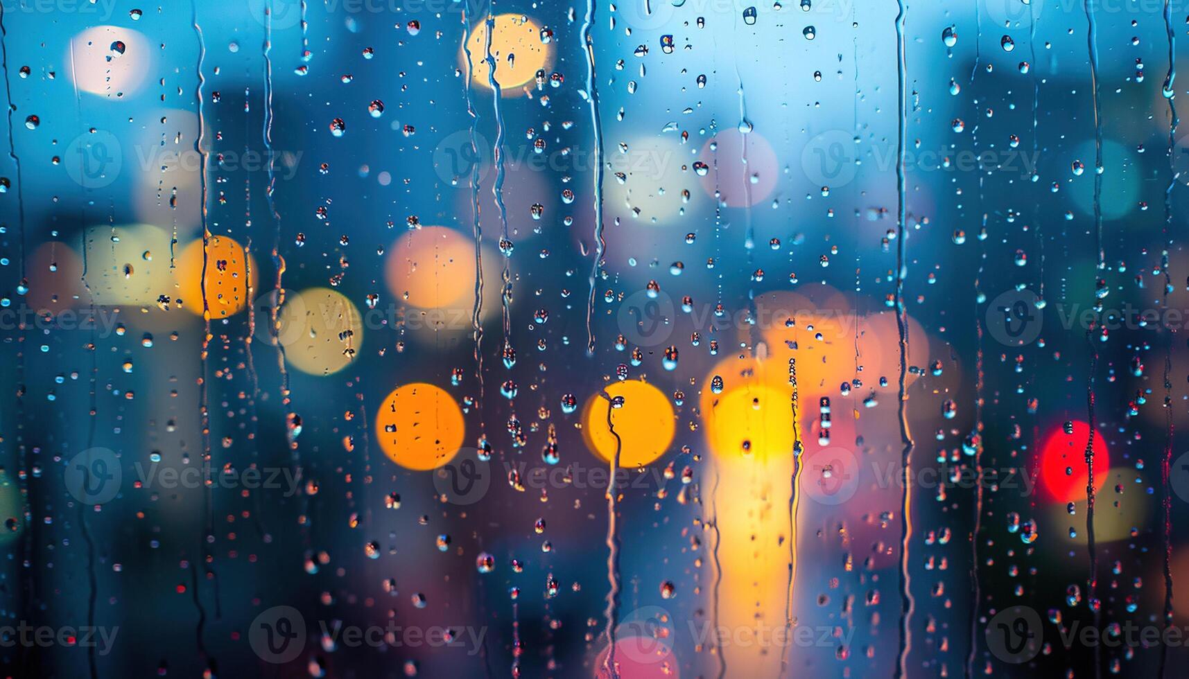 ai genererad regnig fönster med suddigt stad lampor i de bakgrund. bokeh ut av fokus fläck, dyster väder, melankolisk humör, sorg, längtar, depression begrepp bakgrund foto