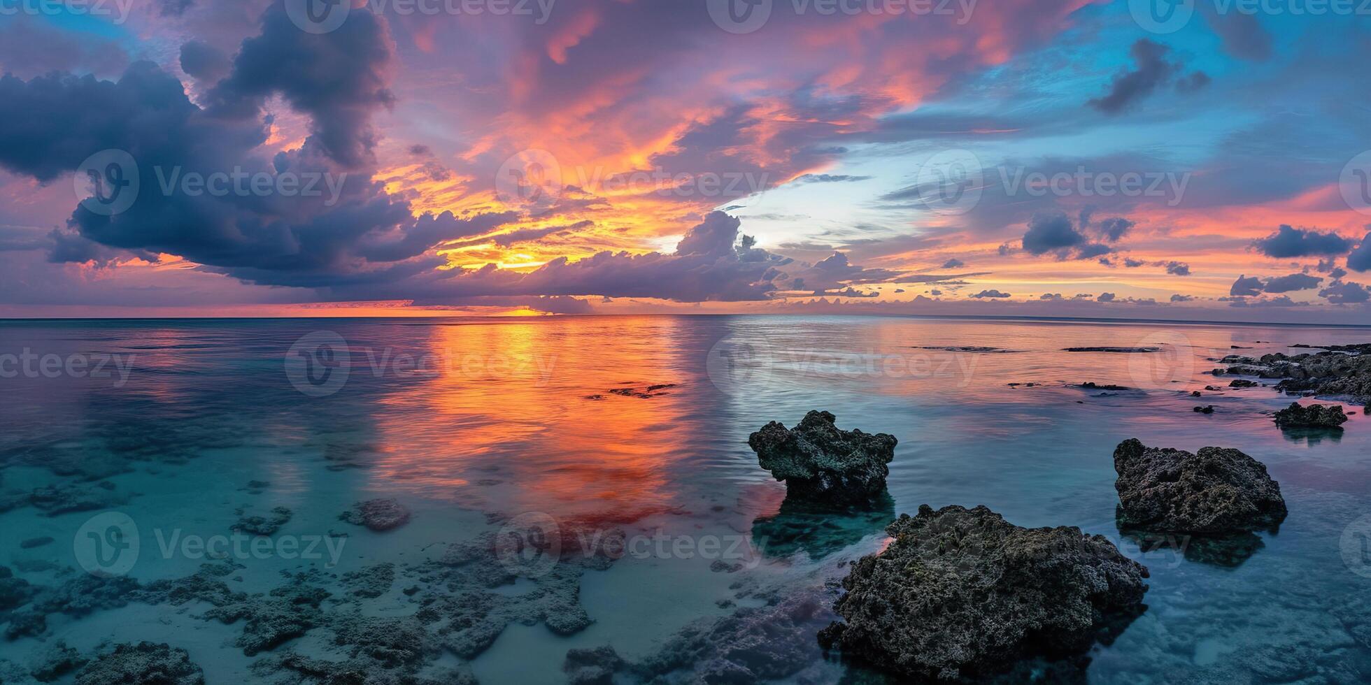 ai genererad bra barriär rev på de kust av queensland, Australien klippig strand havsbild. stenar och småsten, lila och orange gyllene timme solnedgång kväll himmel horisont hav tapet bakgrund foto
