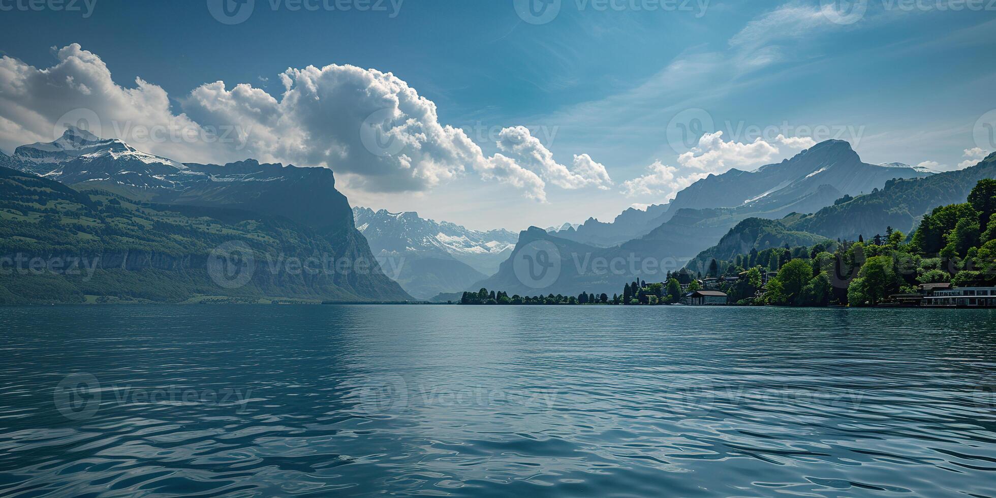 ai genererad swiss alps berg räckvidd med frodig skog dalar och ängar, landsbygden i schweiz landskap. lugn idyllisk panorama, majestätisk natur, avslappning, stillhet begrepp foto