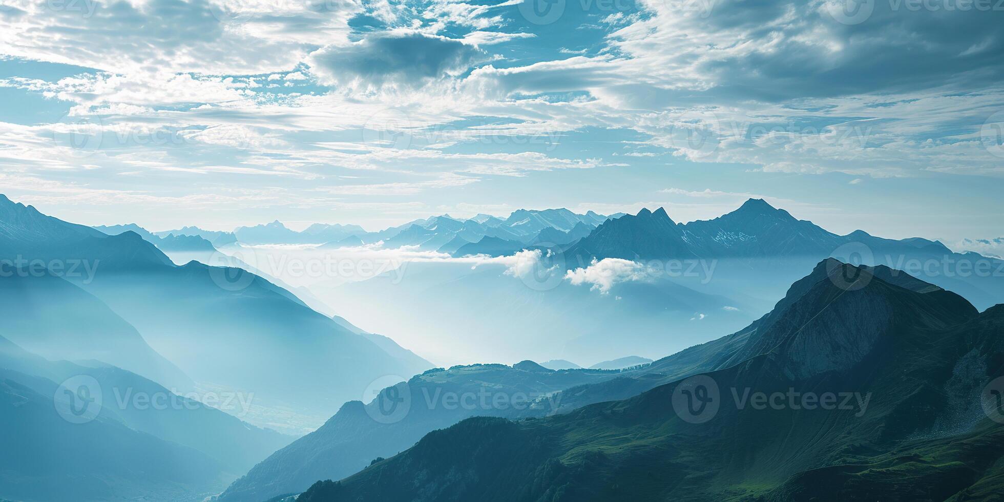 ai genererad swiss alps berg räckvidd med frodig skog dalar och ängar, landsbygden i schweiz landskap. snöig berg blast i de horisont, resa destination tapet bakgrund foto