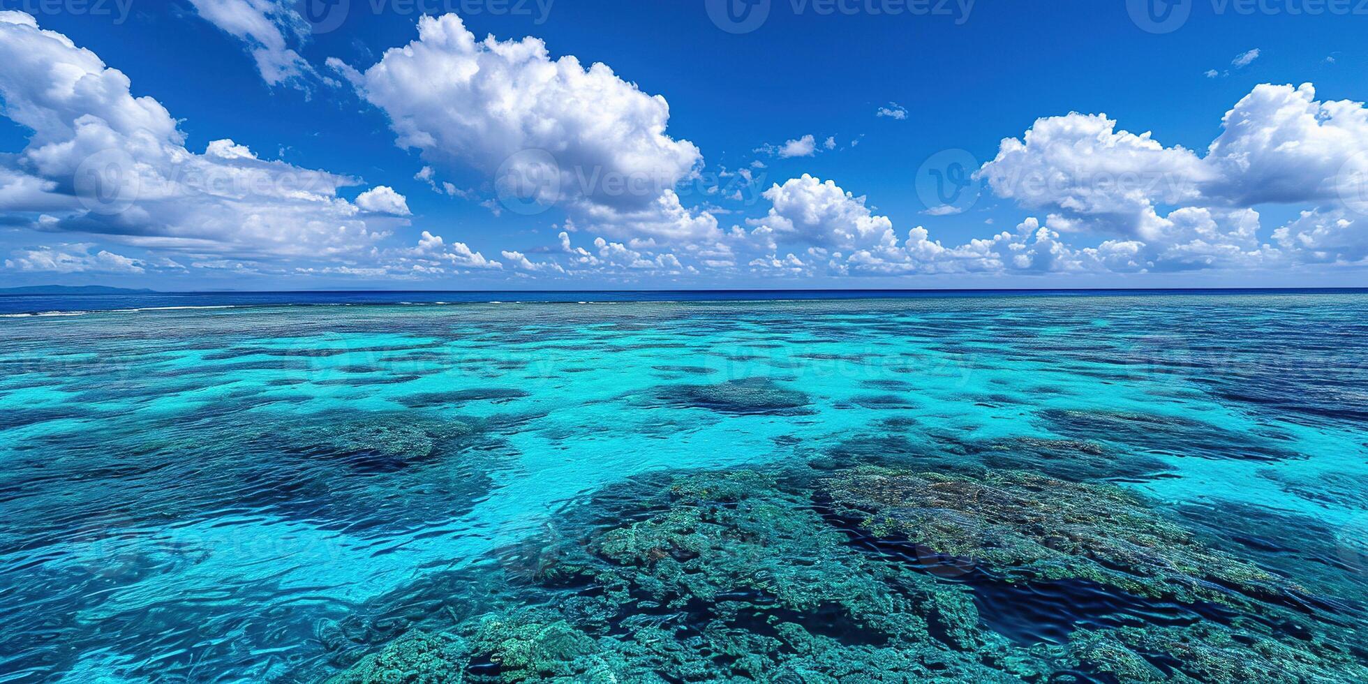 ai genererad bra barriär rev på de kust av queensland, Australien havsbild. korall hav marin ekosystem tapet med blå molnig himmel i de dagsljus foto