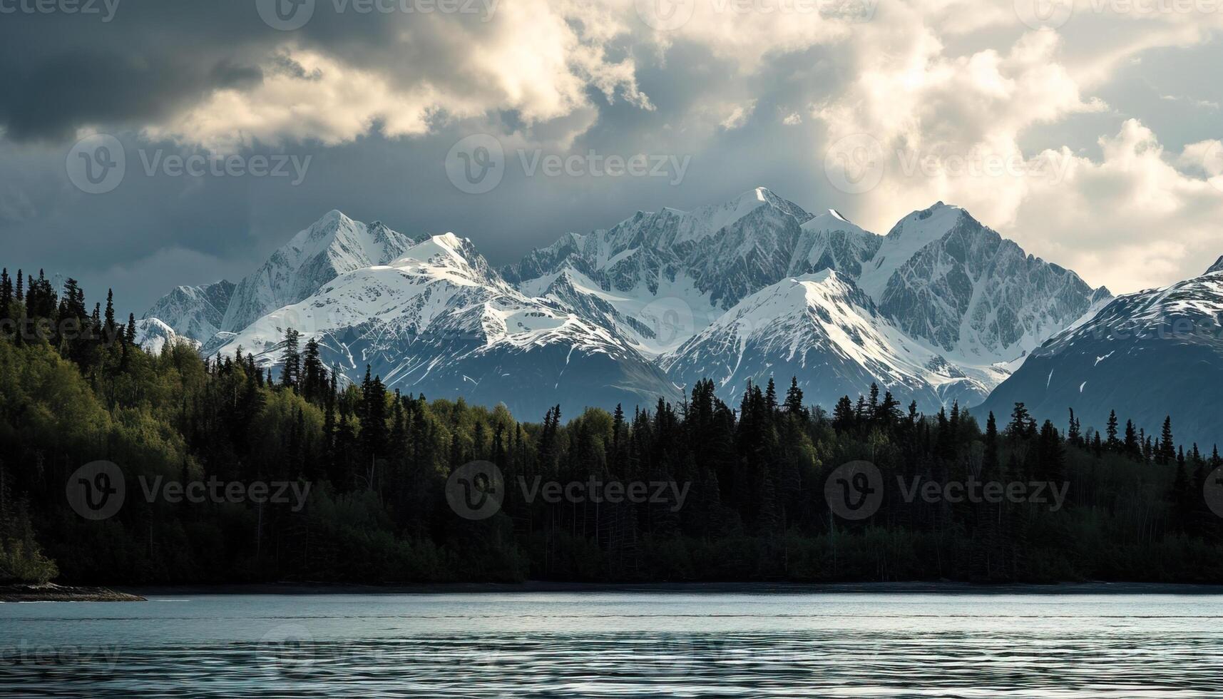 ai genererad snöig bergen av alaska, landskap med skogar, dalar, och floder i dagtid. lugn vildmark natur sammansättning bakgrund tapet, resa destination, äventyr utomhus foto