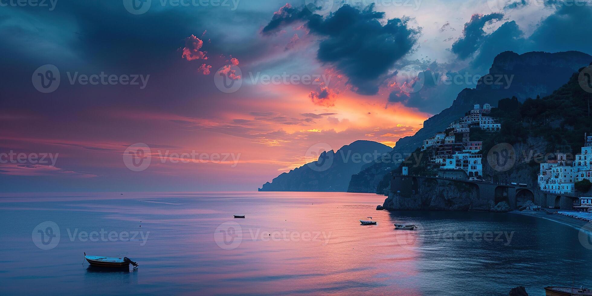 ai genererad amalfi kust kustlinje i sorrentin halvö, campania område, Italien. Semester destination strandlinje med kullar, stränder, och klippor, hav se, solnedgång gyllene timme tapet foto