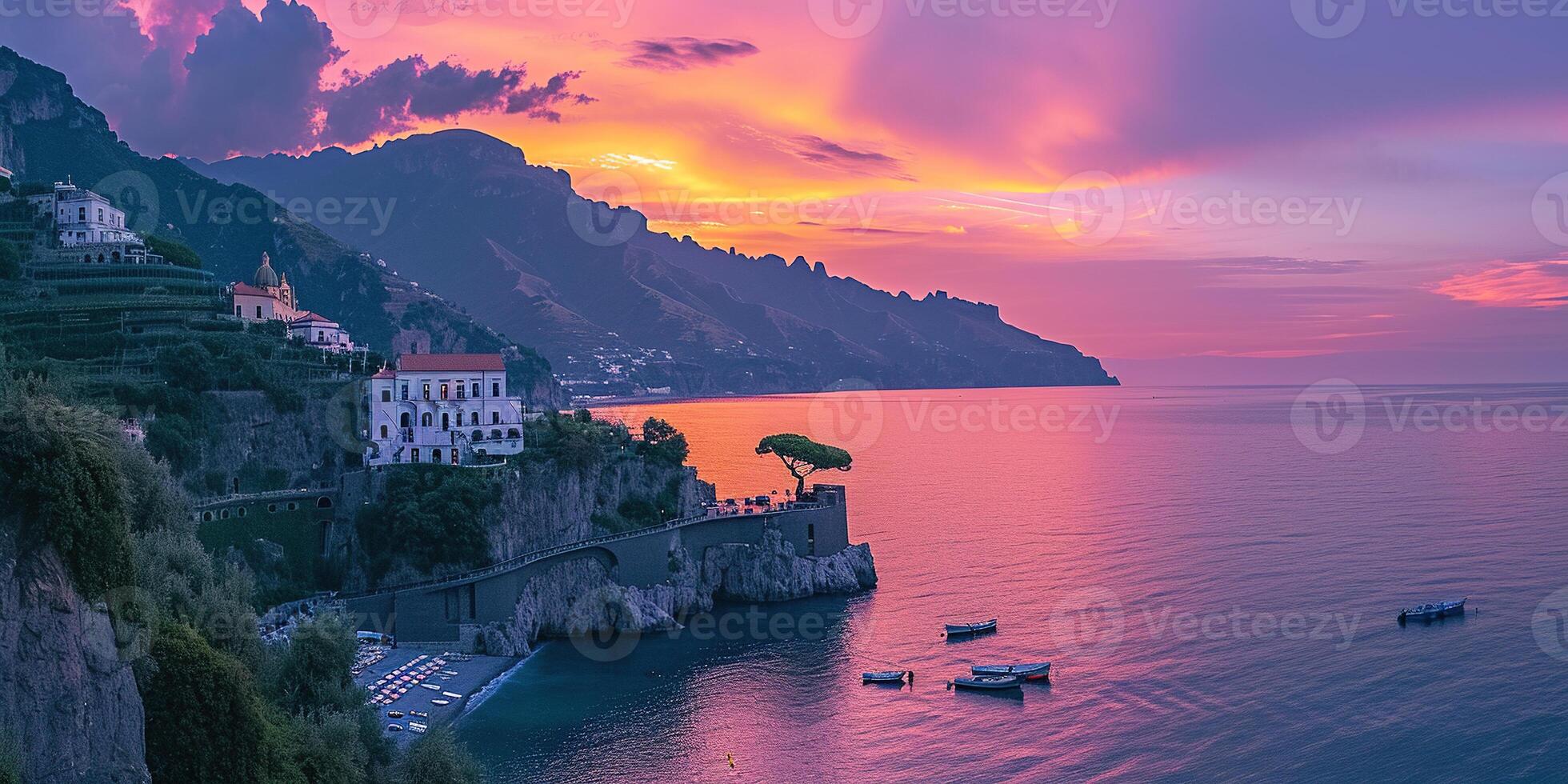 ai genererad amalfi kust kustlinje i sorrentin halvö, campania område, Italien. Semester destination strandlinje med kullar, stränder, och klippor, hav se, solnedgång gyllene timme tapet foto