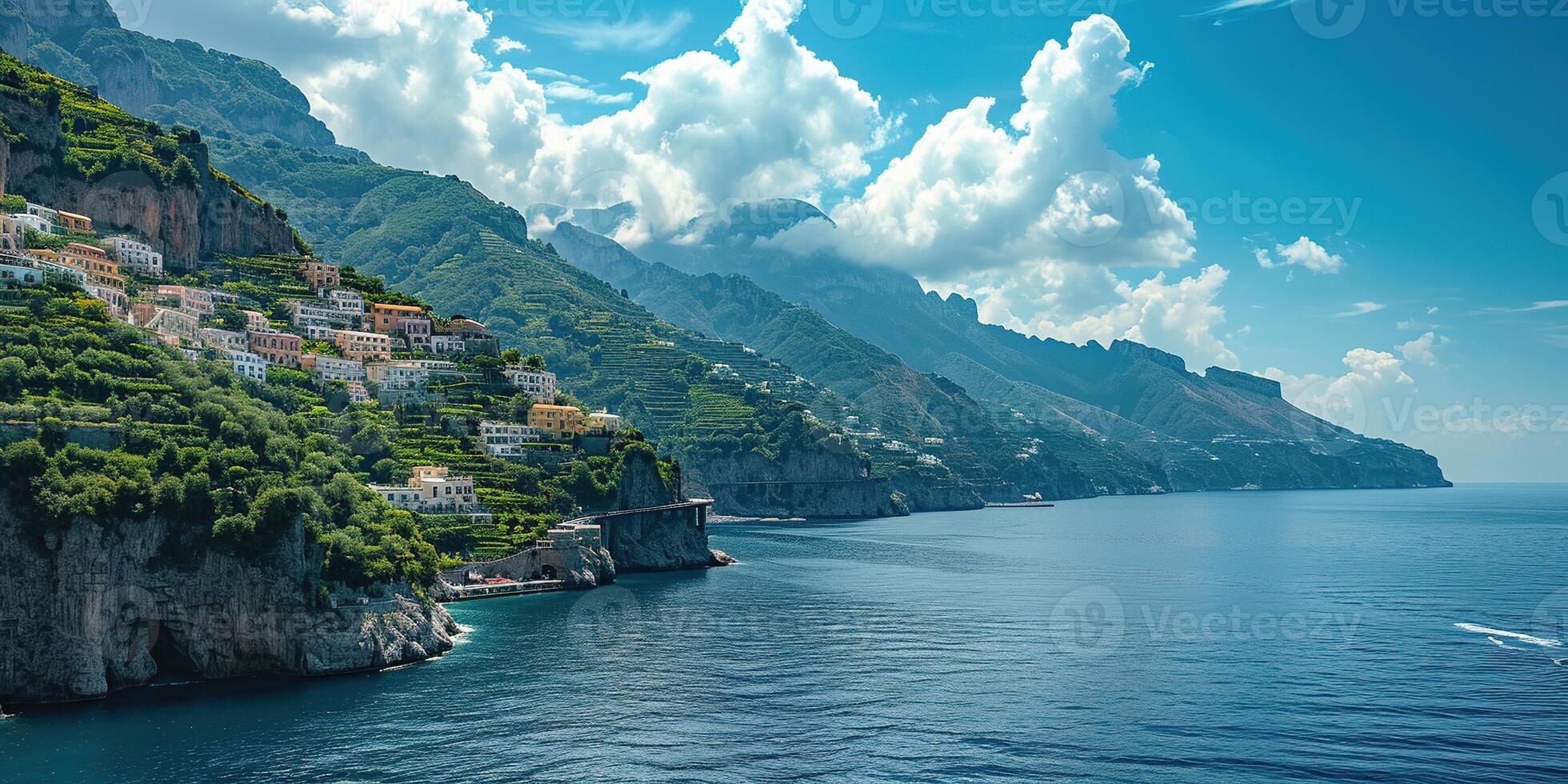 ai genererad amalfi kust kustlinje i sorrentin halvö, campania område, Italien. Semester destination strandlinje med kullar, stränder, och klippor, hav se, blå himmel dag tapet bakgrund foto