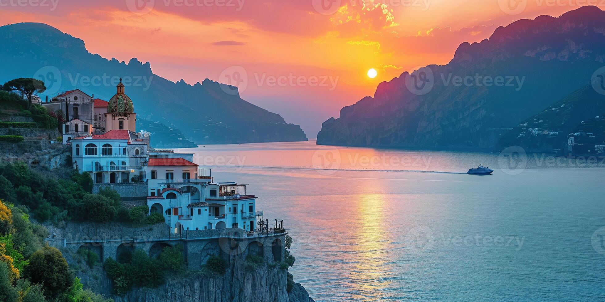 ai genererad amalfi kust kustlinje i sorrentin halvö, campania område, Italien. Semester destination strandlinje med kullar, stränder, och klippor, hav se, solnedgång gyllene timme tapet foto