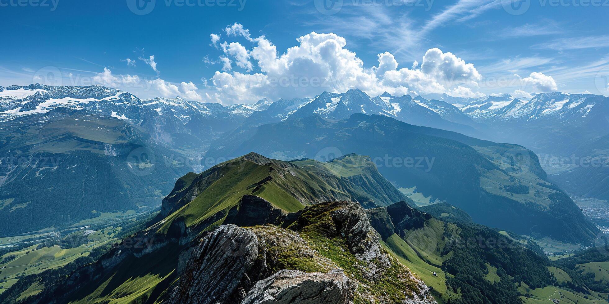 ai genererad swiss alps berg räckvidd med frodig skog dalar och ängar, landsbygden i schweiz landskap. lugn idyllisk panorama, majestätisk natur, avslappning, stillhet begrepp foto
