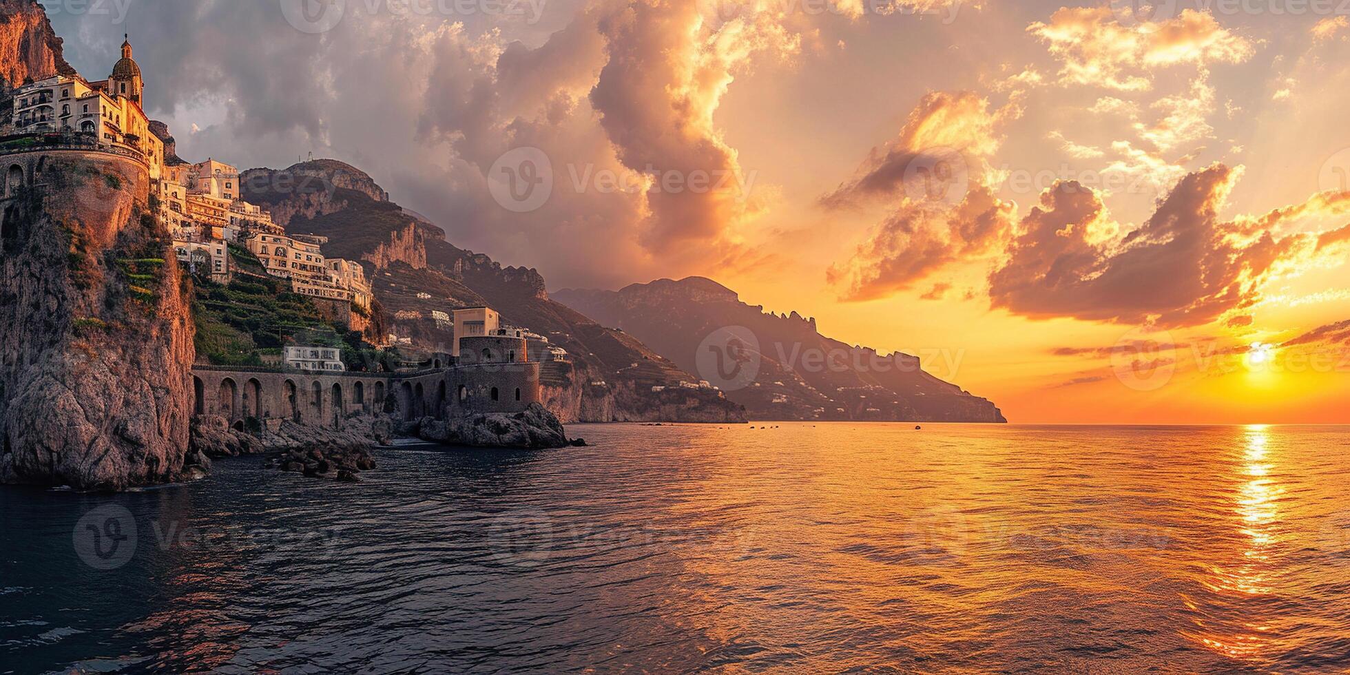 ai genererad amalfi kust kustlinje i sorrentin halvö, campania område, Italien. Semester destination strandlinje med kullar, stränder, och klippor, hav se, solnedgång gyllene timme tapet foto