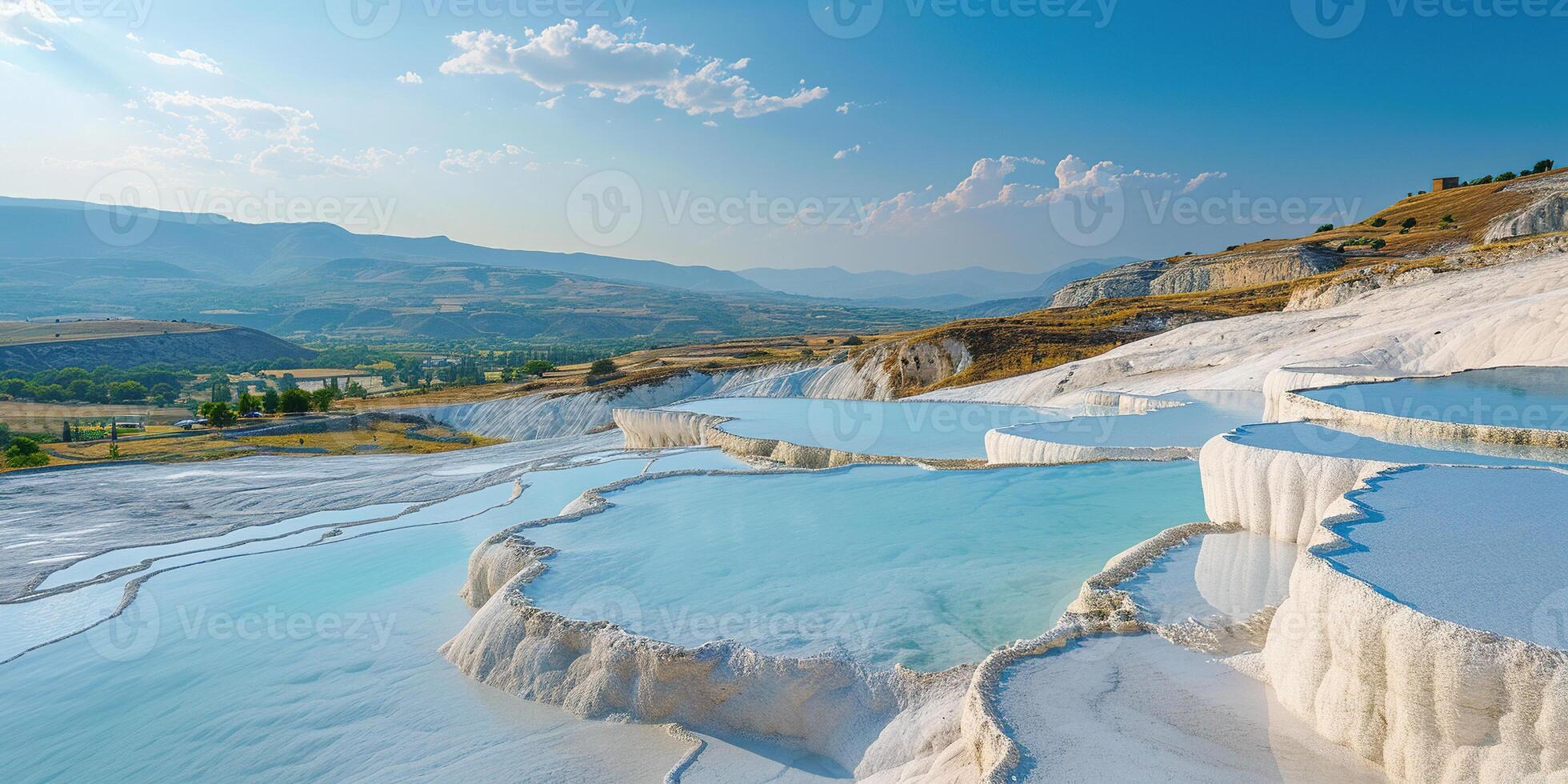 ai genererad mineral rik bebis blå termisk vattnen i vit travertin terrasser på en sluttning i pamukkale, Kalkon. utomhus spa i natur, resa destination, avslappning och stillhet landskap foto