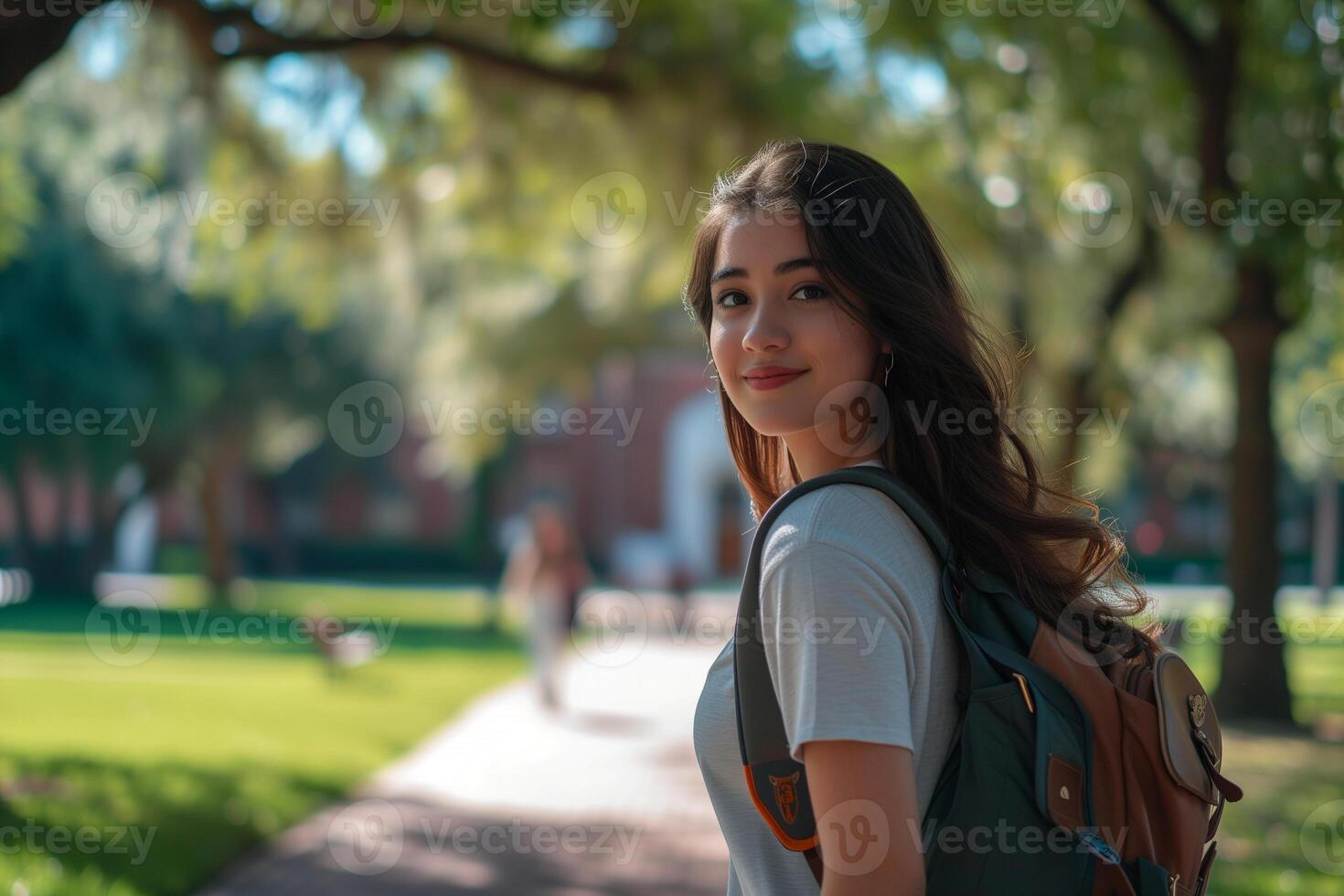ai genererad högskola flicka i en tillfällig än eleganta utrusta med en ryggsäck slungad över ett axel foto