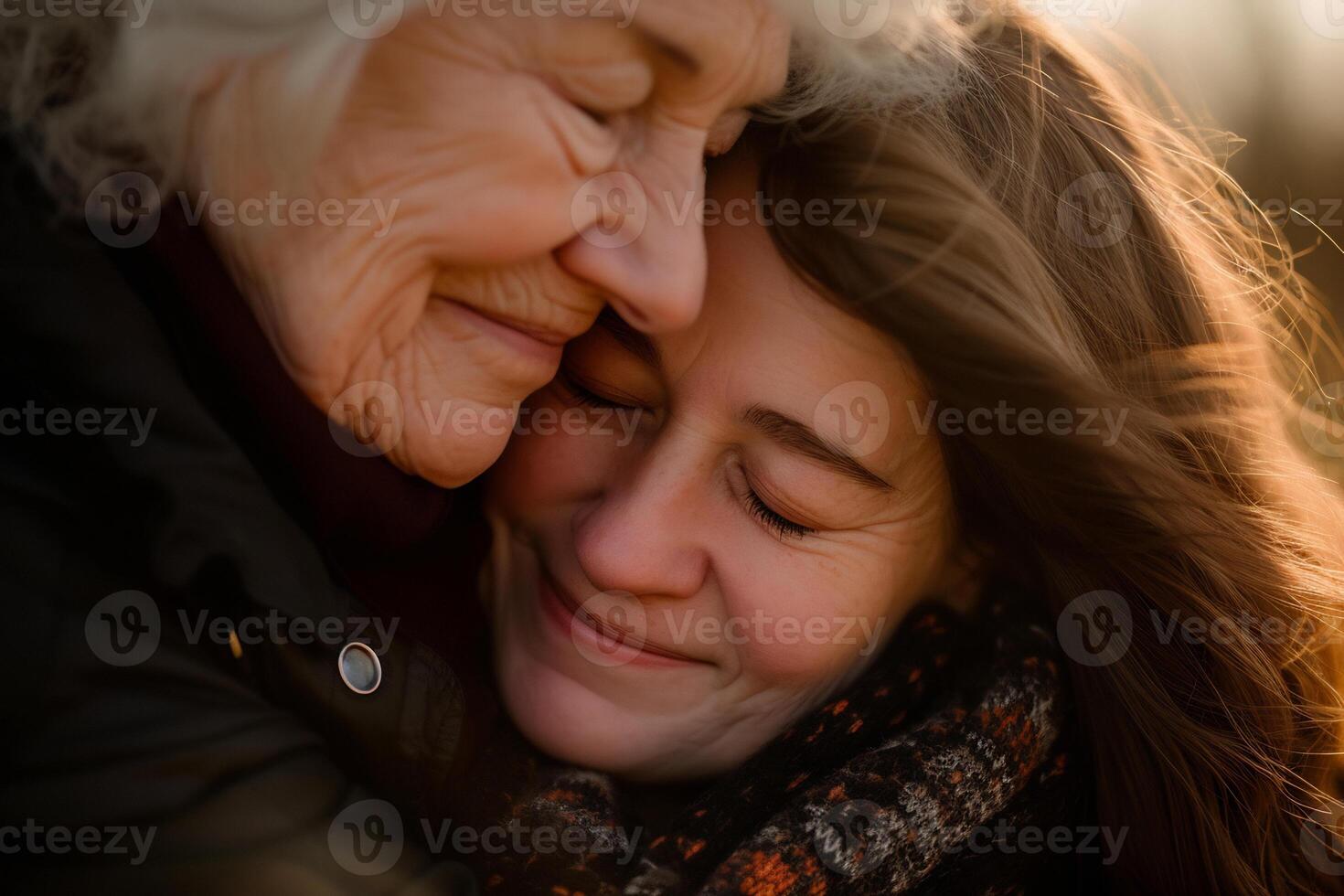 ai genererad en tajt omfamning mellan två familj medlemmar med äkta ler förmedla de värme och kärlek delad i en familjär obligation foto